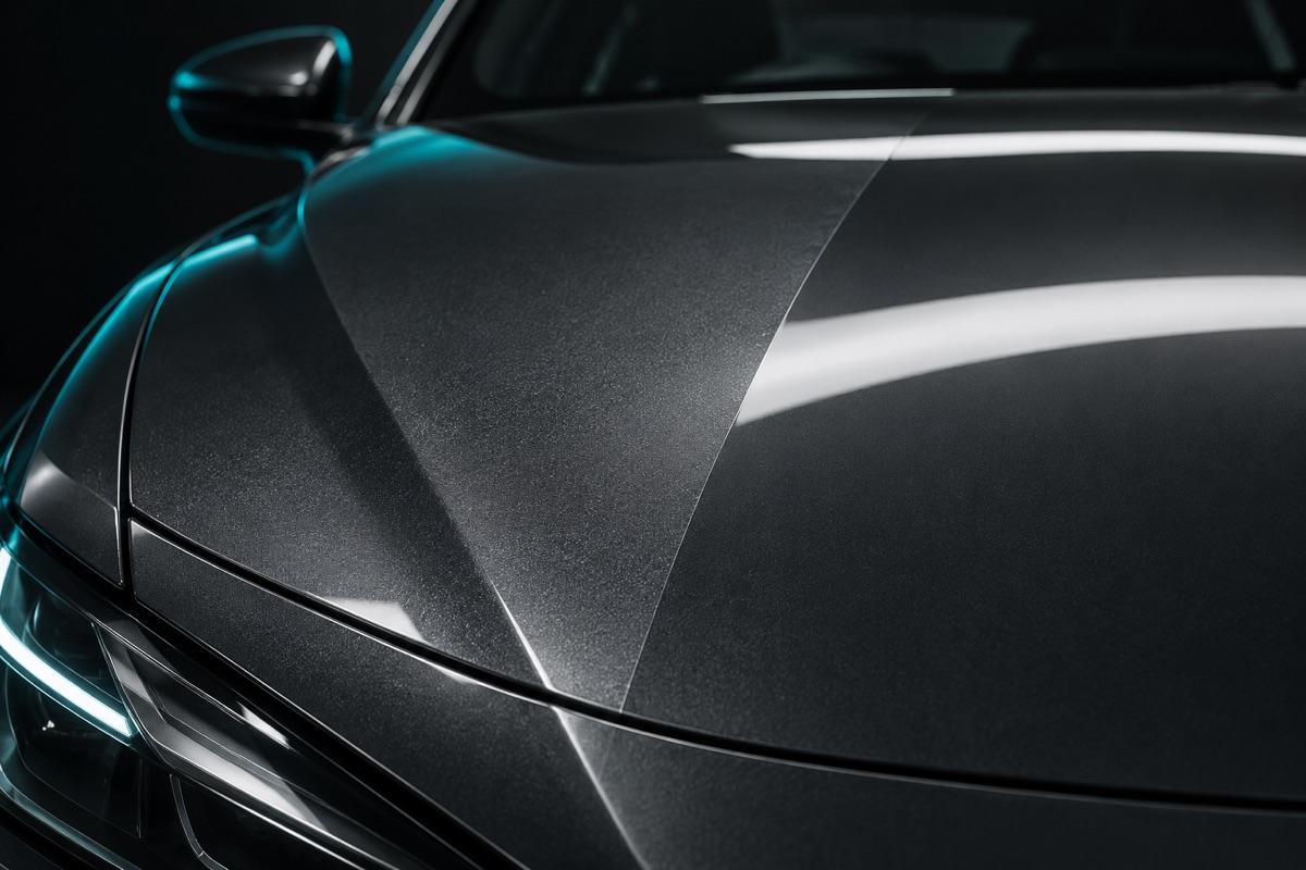 Clear gloss film on a hood edge, mirror-like reflection
