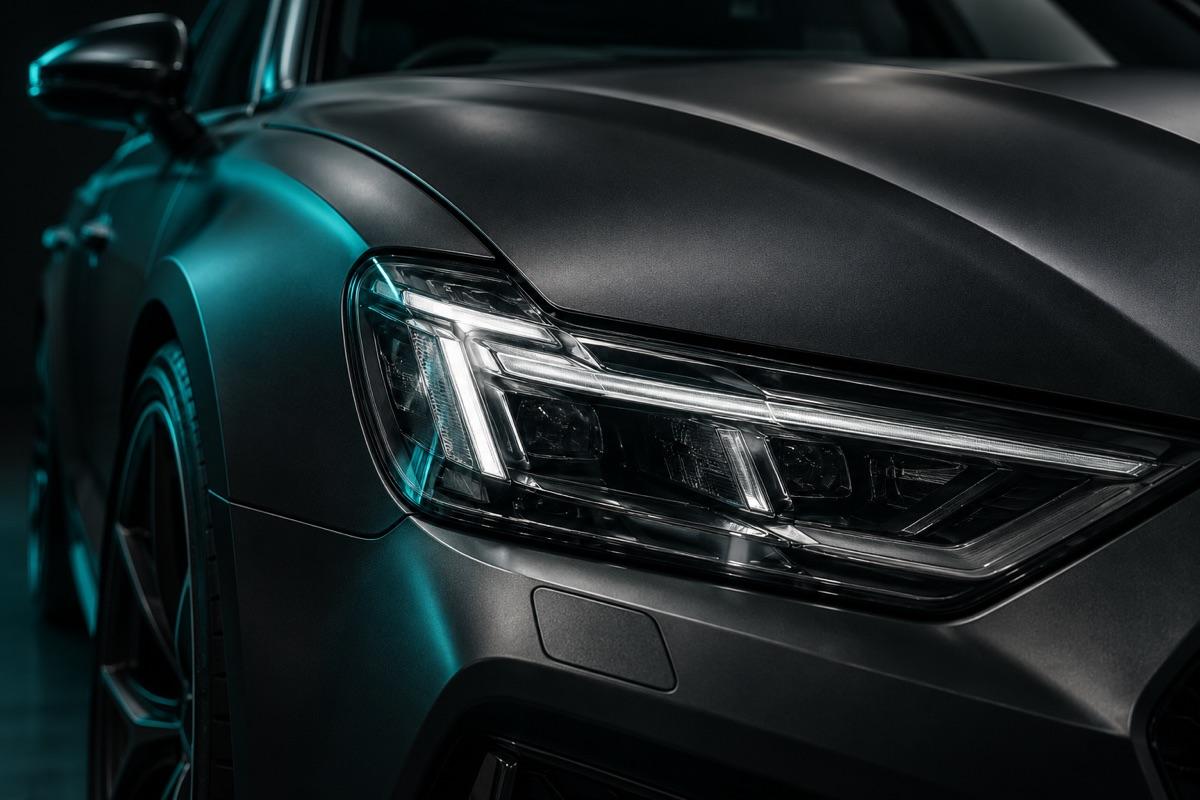 Satin black colour film on a fender next to a clear-filmed headlamp