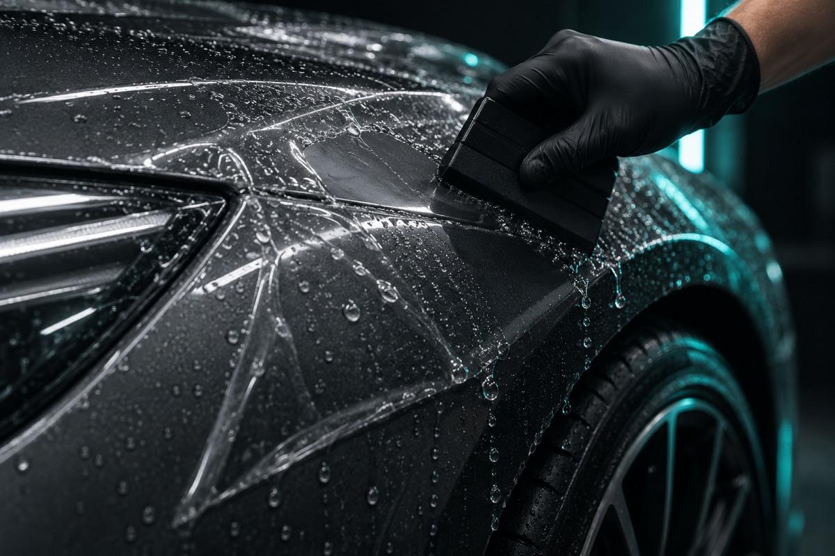 A squeegee pressing wet film onto a fender