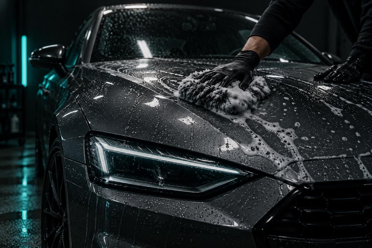 Washing a car hood with a wash mitt