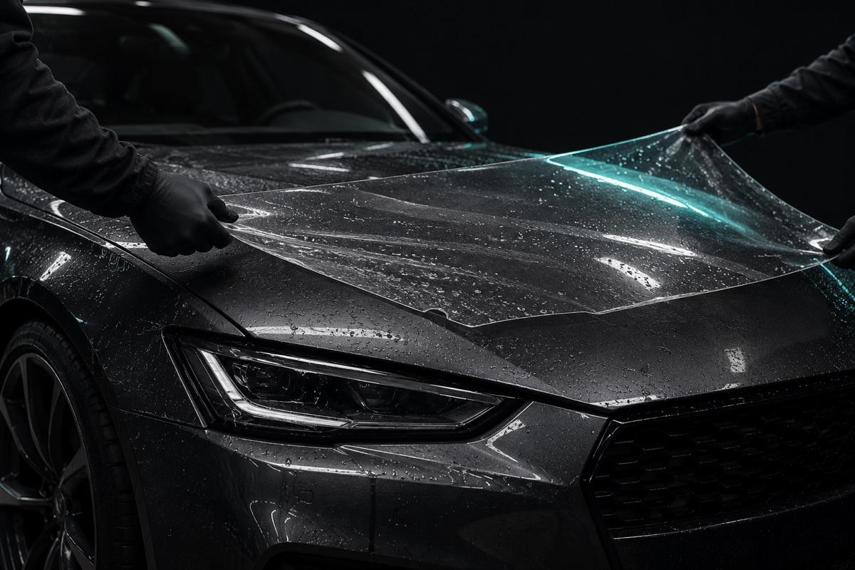Floating a pre-cut film piece into position on a wet hood