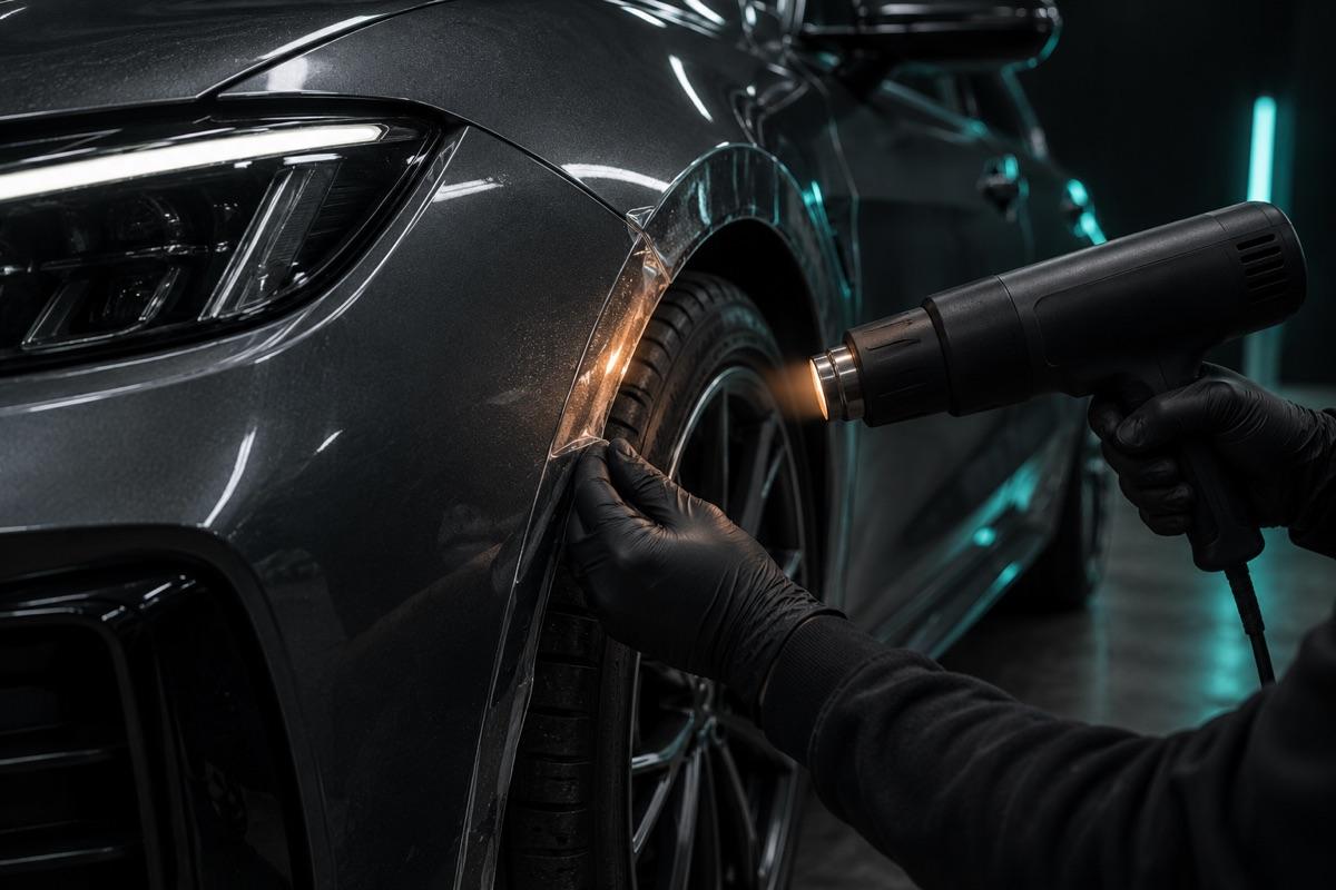 Tacking a film edge around a fender lip with a heat gun