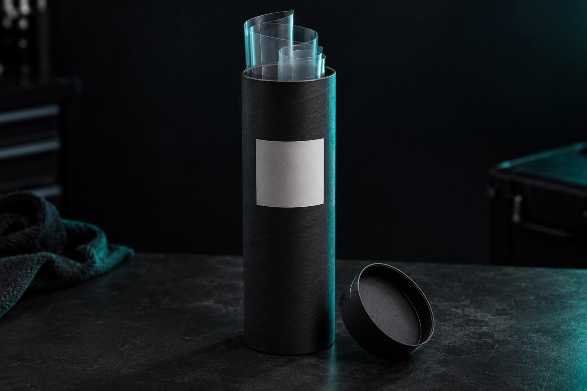 A rigid shipping tube with rolled film pieces inside