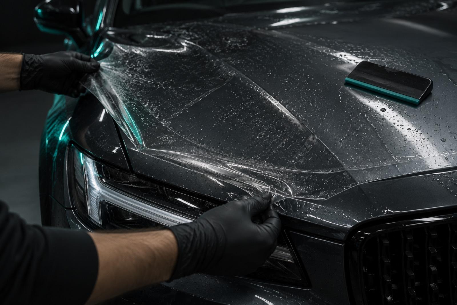 Gloved hands laying a clear pre-cut film piece onto a car hood