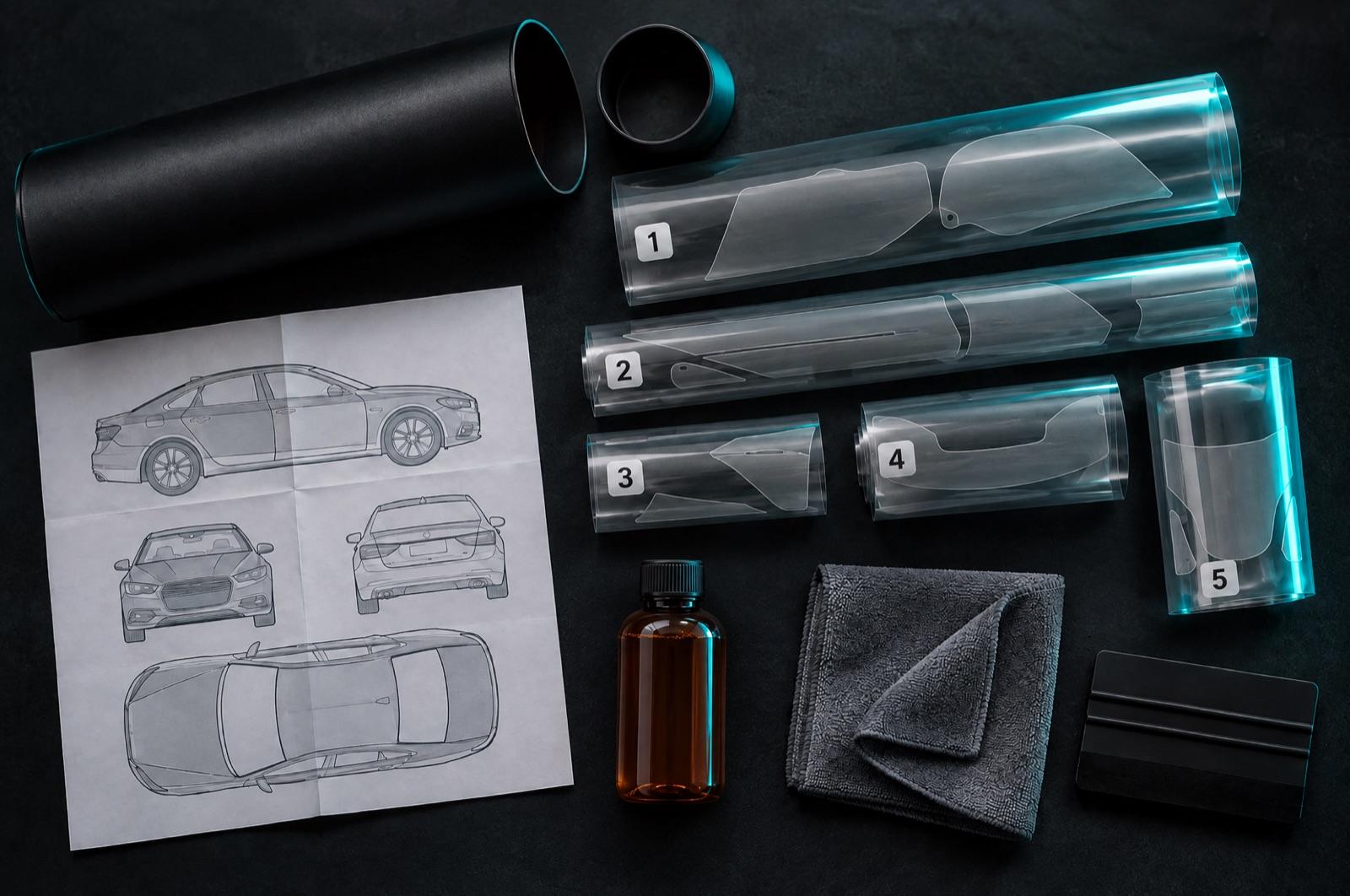 An open shipping tube with rolled pre-cut film pieces, a squeegee, a bottle of installation solution, a cloth and the installation map